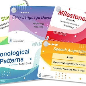 May include: Five colorful pocket charts with rounded corners and white borders. The charts are titled "Brown's Stages", "Early Language Development", "Milestones", "Phonological Patterns", and "Speech Acquisition". Each chart has a different color scheme and features a star and wavy lines.