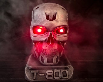 Terminator skull with Glowing Eyes, Terminator T - 800 Figurine, Terminator Statue Bust, LED Terminator