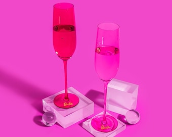 Set of 2 Barbie Champagne Flutes - Elegant Pink and Magenta Crystal Glass Mimosa and Cocktail Glasses with 8 oz Capacity