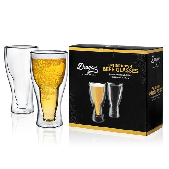 Beer Glasses, Insulated Upside Down Design, Clear Double Wall Pub Mugs,  Holds One Full Beer Bottle, Fun Gift for Beer Lovers, 13.5-ounce 