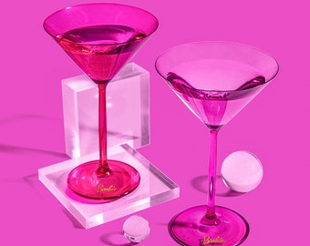 Barbie Pink and Magenta Tall Stemmed Martini Glasses, Premium Cocktail Barware, Crystal Glass, Gift for Martini Lovers, 8-Ounce, Set of 2