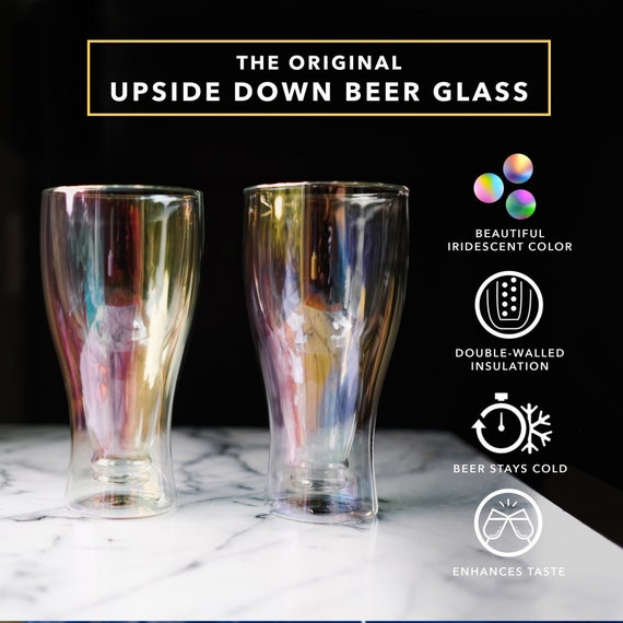 Beer Glasses, Insulated Upside Down Design, Iridescent Double Wall Pub Mugs,  Holds One Full Beer Bottle, Fun Gift for Beer, 13.5-ounce 