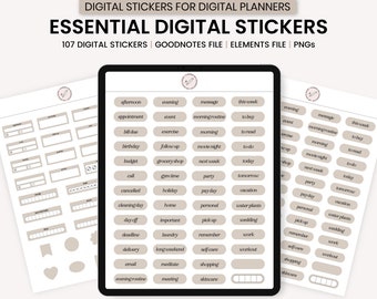 Puede incluir: Pegatinas digitales para planificadores con el texto "ESSENTIAL DIGITAL STICKERS" y "107 DIGITAL STICKERS". Las pegatinas tienen una paleta de colores neutros e incluyen etiquetas para citas, eventos y tareas diarias. Los archivos son GoodNotes, Elements y PNG.