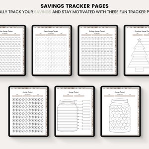 May include: A set of printable savings tracker pages with different themes, including vacation, house, birthday, Christmas, jar, and a grid. The pages are designed to help people visually track their savings and stay motivated.