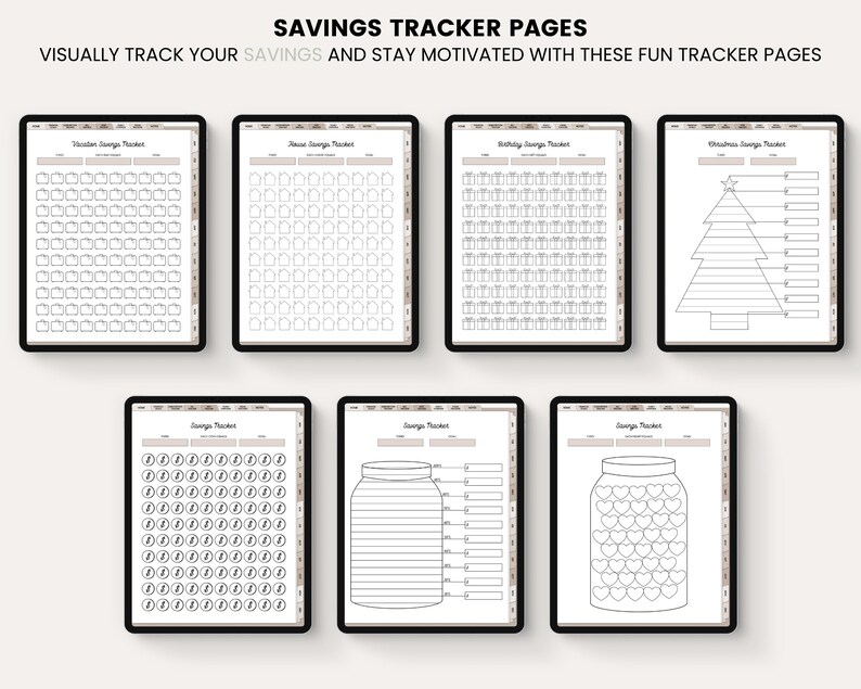 May include: A set of printable savings tracker pages with different themes, including vacation, house, birthday, Christmas, jar, and a grid. The pages are designed to help people visually track their savings and stay motivated.