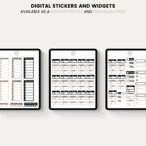 May include: Three digital planner pages with black and brown stickers and widgets. The pages include daily spending trackers, a calendar, and a list of tasks. The text "Paid" appears on one of the pages.