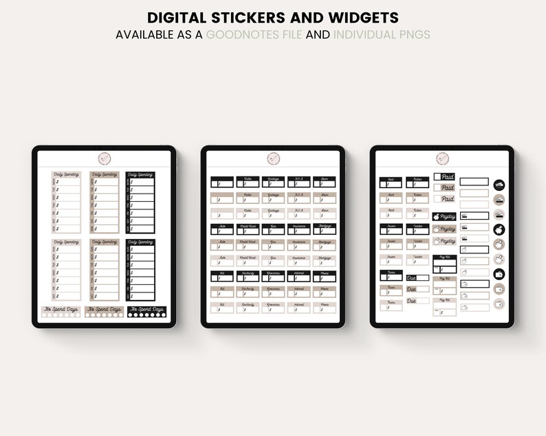 May include: Three digital planner pages with black and brown stickers and widgets. The pages include daily spending trackers, a calendar, and a list of tasks. The text "Paid" appears on one of the pages.