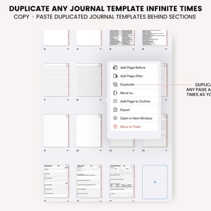 May include: A screenshot of a digital journal app showing a menu with options to add, duplicate, move, export, and delete pages. The text "DUPLICATE ANY PAGE AS MANY TIMES AS YOU NEED" is displayed on the right side of the image.