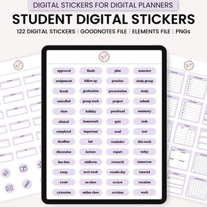 Pegatinas digitales para estudiantes, pegatinas académicas digitales, pegatinas digitales universitarias, pegatinas digitales GoodNotes, pegatinas de planificador digital