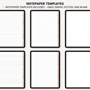 May include: Six printable notepaper templates in a digital download. The templates include lined, graph, dotted, and blank options. Each template has a pink and white side bar with numbers.