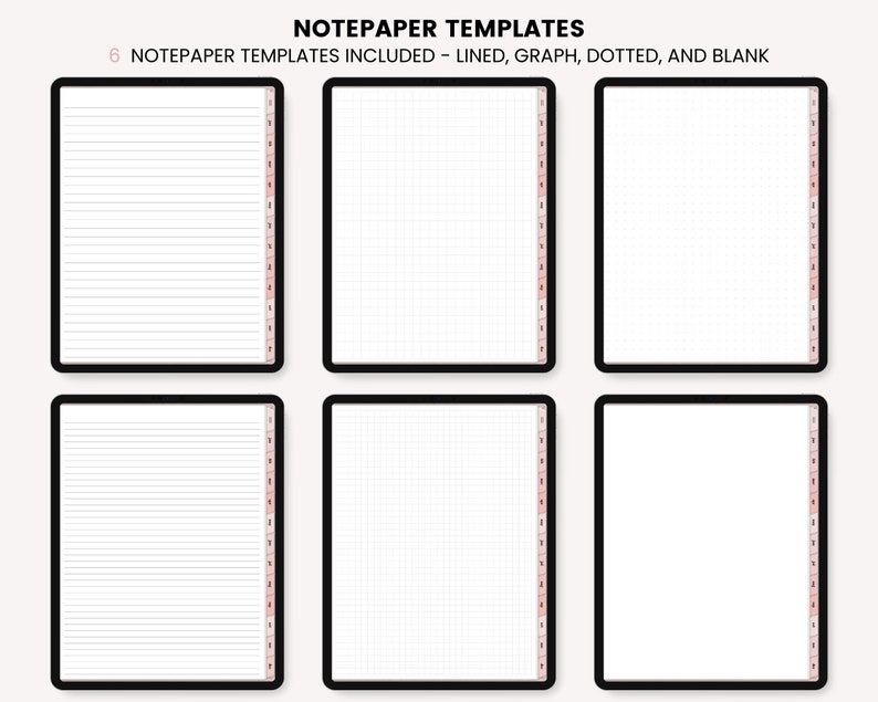 May include: Six printable notepaper templates in a digital download. The templates include lined, graph, dotted, and blank options. Each template has a pink and white side bar with numbers.
