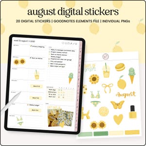 Digitale stickers met thema augustus, digitale stickers citroen, mintgroene digitale stickers, digitale zomerstickers, digitale plannerstickers, GoodNotes