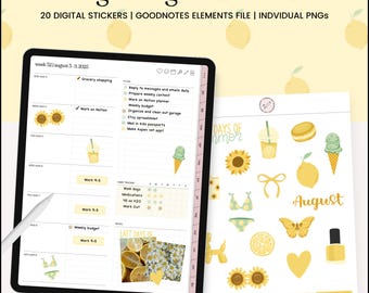 August Themed Digital Stickers, Lemon Digital Stickers, Mint Digital Stickers, Summer Digital Stickers, Digital Planner Stickers, GoodNotes