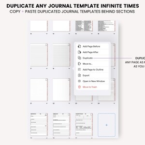Op de afbeelding: Een screenshot van een digitale journaal-app die een menu laat zien met opties om pagina's toe te voegen, te dupliceren, te verplaatsen, te exporteren en te verwijderen. De tekst "DUPLICEER ELKE PAGINA ZO VAAK ALS JE NODIG HEBT" wordt aan de rechterkant van de afbeelding weergegeven.