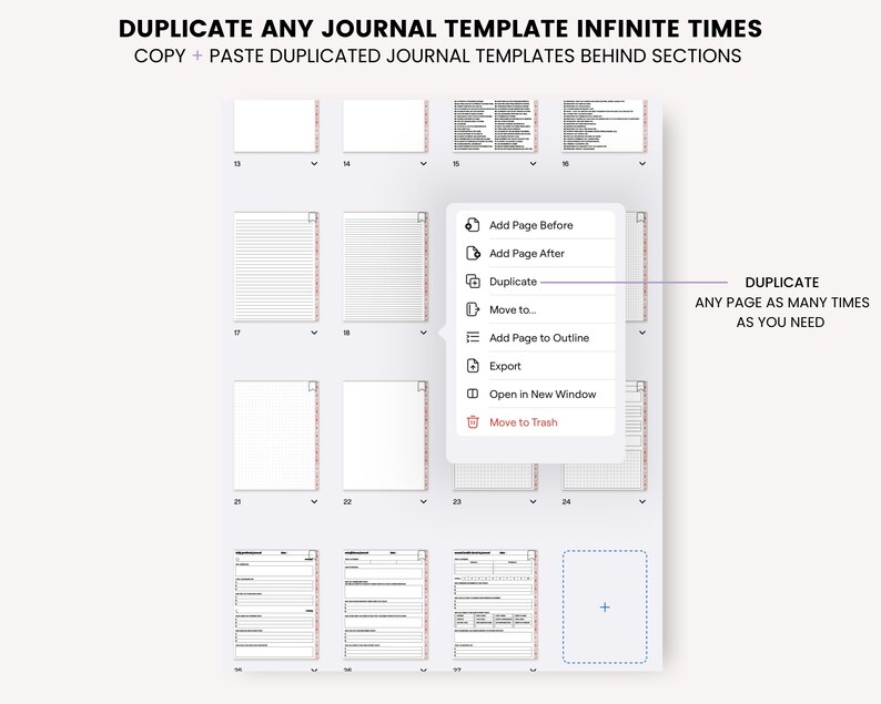 Op de afbeelding: Een screenshot van een digitale journaal-app die een menu laat zien met opties om pagina's toe te voegen, te dupliceren, te verplaatsen, te exporteren en te verwijderen. De tekst "DUPLICEER ELKE PAGINA ZO VAAK ALS JE NODIG HEBT" wordt aan de rechterkant van de afbeelding weergegeven.