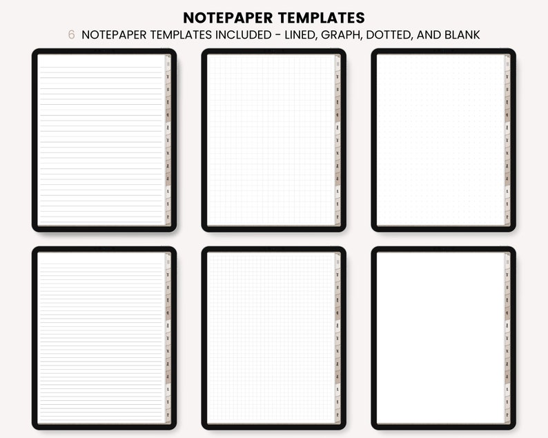 Puede incluir: Seis plantillas de papel para notas imprimibles en descarga digital. Las plantillas incluyen opciones de l&iacute;neas, cuadr&iacute;cula, puntos y en blanco. Cada plantilla tiene un margen lateral con pesta&ntilde;as numeradas.