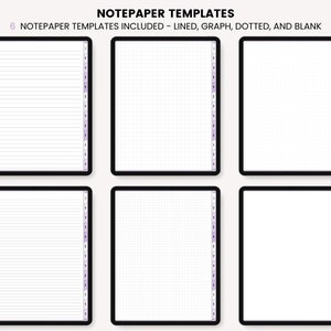 Op de afbeelding: Zes afdrukbare briefpapier sjablonen in een digitale download. De sjablonen omvatten gestreepte, grafiek, gestippelde en blanco opties. Elk sjabloon heeft een zijmarge met genummerde tabbladen.
