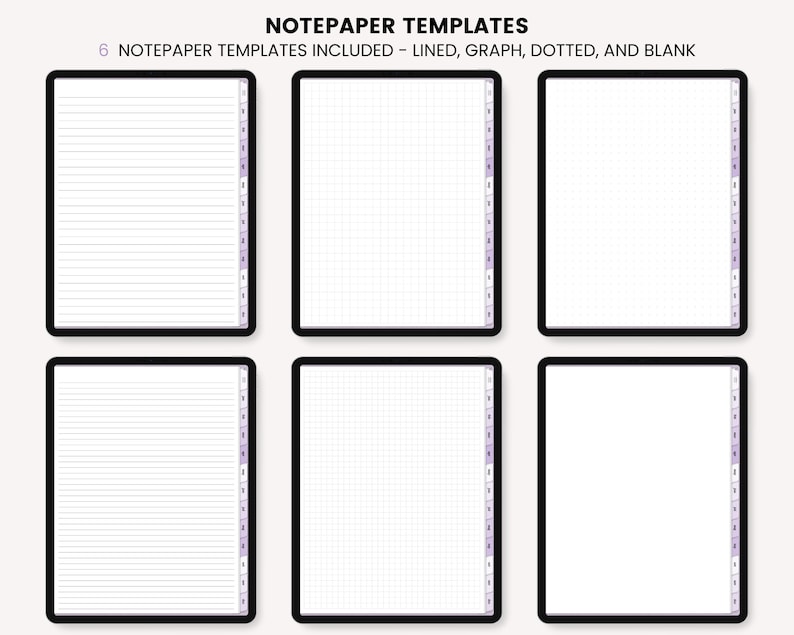 Op de afbeelding: Zes afdrukbare briefpapier sjablonen in een digitale download. De sjablonen omvatten gestreepte, grafiek, gestippelde en blanco opties. Elk sjabloon heeft een zijmarge met genummerde tabbladen.