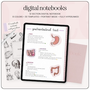 May include: Digital notebook with the text "digital notebooks" and "gastrointestinal tract" on a tablet. The tablet displays notes with illustrations of the stomach and intestines. Includes a notebook and a pen.