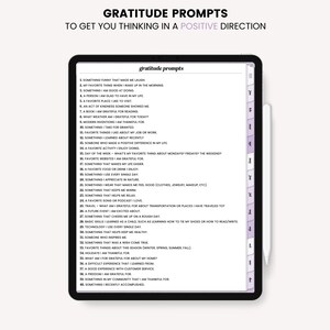 Op de afbeelding: Een digitale planner met een witte achtergrond en een paarse kop die "Gratitude Prompts" en "Om je te laten nadenken in een positieve richting" zegt. De planner bevat een lijst met 38 prompts om je te helpen focussen op dankbaarheid.