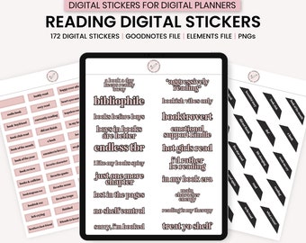May include: A digital planner sticker set with 172 stickers featuring book-themed phrases in pink and black text on a white background. The phrases include "bibliophile", "books before boys", "endless tbr", "aggressively reading", "booktrovert", "hot girls read", "treat yo shelf", and more.