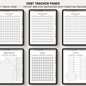 May include: Six printable debt tracker pages with different designs. The pages include a house, graduation caps, envelopes, and circles. The pages are designed to help people visually track their debt payoff and stay motivated.