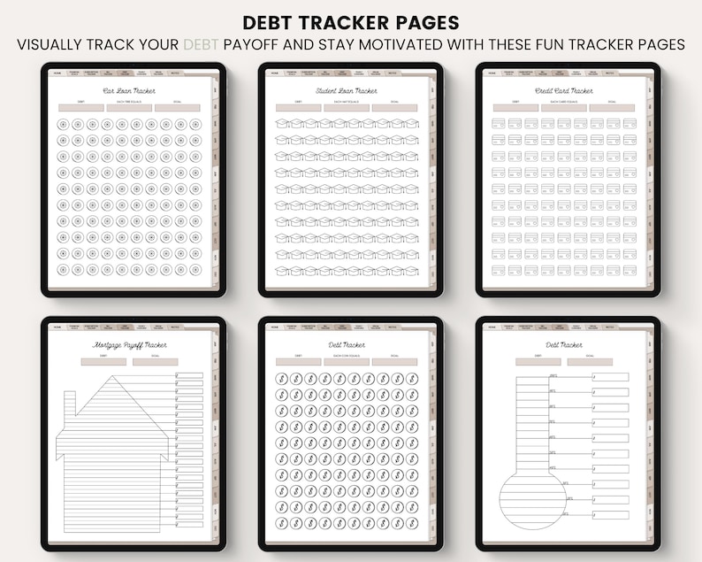 May include: Six printable debt tracker pages with different designs. The pages include a house, graduation caps, envelopes, and circles. The pages are designed to help people visually track their debt payoff and stay motivated.