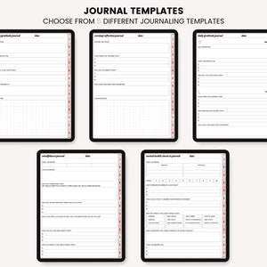 May include: Five different printable journal templates displayed on digital tablets. The templates include: Morning Gratitude Journal, Evening Reflection Journal, Daily Gratitude Journal, Mindfulness Journal, and Mental Health Check-In Journal.