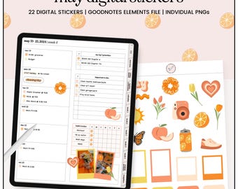 Digitale stickers met thema mei, digitale stickers oranje, digitale stickers citrus, digitale retrostickers, digitale plannerstickers, GoodNotes