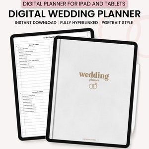 Peut inclure: Un planificateur de mariage numérique pour iPad et tablettes. La couverture est blanche avec une icône de bague de mariage dorée et le texte "wedding planner". Le planificateur comprend une liste de choses à faire et un calendrier.