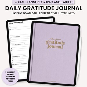 Op de afbeelding: Een digitale planner voor iPad en tablets met de tekst "daily gratitude journal" in een gouden lettertype op een paarse achtergrond. De planner is ontworpen voor dagelijkse reflectie en bevat prompts voor dankbaarheid, affirmaties en goede dingen die vandaag zijn gebeurd.