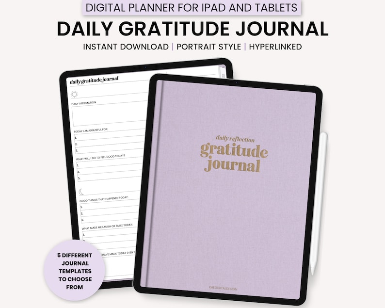 Op de afbeelding: Een digitale planner voor iPad en tablets met de tekst "daily gratitude journal" in een gouden lettertype op een paarse achtergrond. De planner is ontworpen voor dagelijkse reflectie en bevat prompts voor dankbaarheid, affirmaties en goede dingen die vandaag zijn gebeurd.