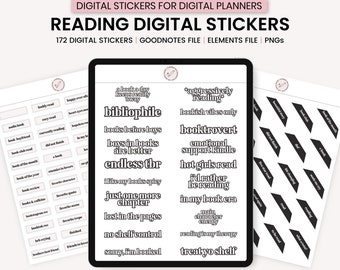 May include: A digital planner sticker set with black and white text on a white background. The stickers feature book-themed phrases like "booktrovert", "bibliophile", and "treat yo shelf".