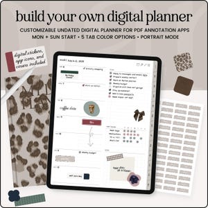 Peut inclure: Un agenda numérique sur une tablette avec une couverture et des autocollants à imprimé léopard. L'agenda comprend des sections pour les courses, les budgets hebdomadaires et les journées de soins personnels. Le texte dit "build your own digital planner."