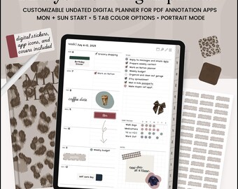May include: A digital planner on a tablet with a leopard print cover and stickers. The planner includes sections for grocery shopping, weekly budgets, and self-care days. Text on the image reads "build your own digital planner."