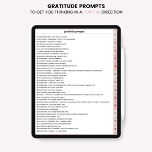 May include: A digital planner page with a list of gratitude prompts to help you focus on the positive aspects of your life. The prompts are numbered 1 through 40 and include questions like "Something funny that made me laugh" and "Something I appreciate in nature".