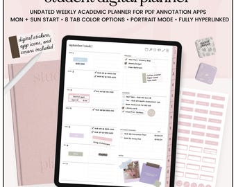 Undated Student Digital Planner for GoodNotes & iPad, Academic Study Planner, College Digital Planner, School Organizer PDF