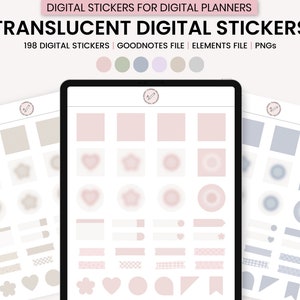 May include: A set of 198 digital stickers for digital planners. The stickers are translucent and come in three color schemes: pink, beige, and blue. The stickers include various shapes, such as hearts, stars, circles, and squares. The stickers also include text boxes, washi tape, and other decorative elements.