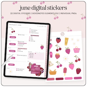 June Themed Digital Stickers, Strawberry Digital Stickers, Cherry Digital Stickers, Summer Digital Stickers, Digital Planner Stickers