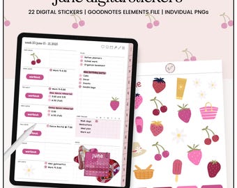 June Themed Digital Stickers, Strawberry Digital Stickers, Cherry Digital Stickers, Summer Digital Stickers, Digital Planner Stickers