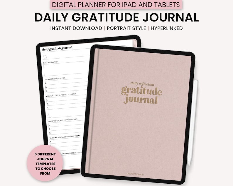 May include: A digital planner for iPad and tablets with a pink cover and the text "daily reflection gratitude journal". The planner is designed for daily gratitude journaling and includes 5 different journal templates to choose from.
