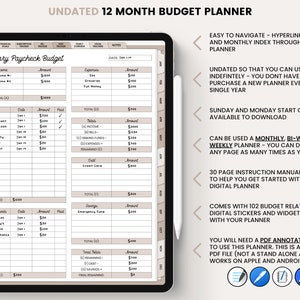 May include: A digital budget planner with a beige and brown color scheme. The planner is undated and includes a monthly budget tracker, a sinking funds tracker, and an emergency fund tracker. The planner is designed to be used with a PDF annotation app.