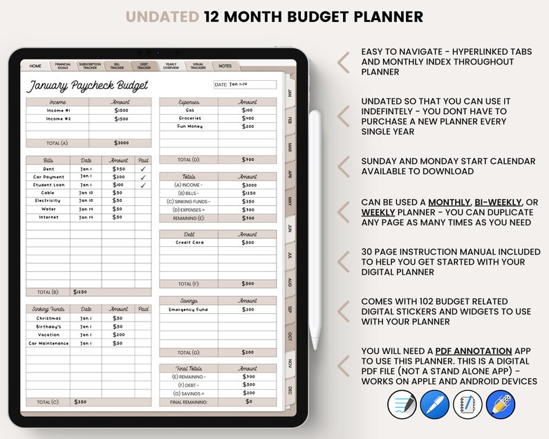 May include: A digital budget planner with a beige and brown color scheme. The planner is undated and includes a monthly budget tracker, a sinking funds tracker, and an emergency fund tracker. The planner is designed to be used with a PDF annotation app.