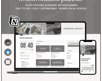 May include: A digital academic planner displayed on a laptop and smartphone. The planner features a student dashboard, course listings, and a calendar. The screen displays the text "notion student planner" and "academic planner".
