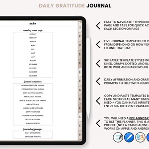 Puede incluir: Un planificador digital para llevar un diario de gratitud diario. El planificador incluye una p&aacute;gina de portada mensual, plantillas de diario y sugerencias para escribir en el diario. El planificador es f&aacute;cil de navegar con p&aacute;ginas de &iacute;ndice e pesta&ntilde;as hipervinculadas. El planificador est&aacute; dise&ntilde;ado para usarse con una aplicaci&oacute;n de anotaci&oacute;n PDF.