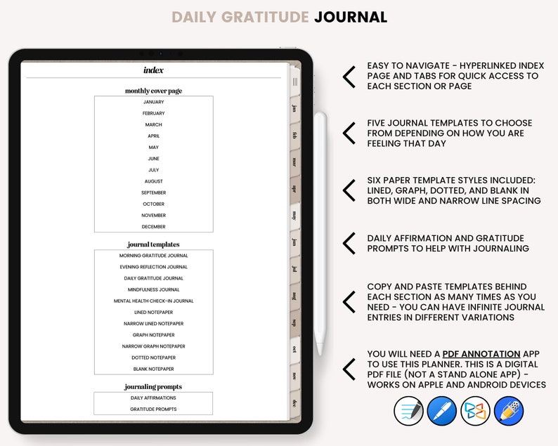 Puede incluir: Un planificador digital para llevar un diario de gratitud diario. El planificador incluye una p&aacute;gina de portada mensual, plantillas de diario y sugerencias para escribir en el diario. El planificador es f&aacute;cil de navegar con p&aacute;ginas de &iacute;ndice e pesta&ntilde;as hipervinculadas. El planificador est&aacute; dise&ntilde;ado para usarse con una aplicaci&oacute;n de anotaci&oacute;n PDF.