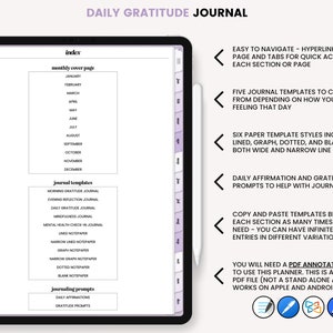 Op de afbeelding: Een digitale planner voor dagelijks dankbaarheidsjournalen. De planner bevat een hyperlinked index, vijf journal templates, zes papieren template stijlen, dagelijkse affirmaties en dankbaarheidsprompts. De planner is compatibel met PDF-annotatie-apps op Apple- en Android-apparaten.