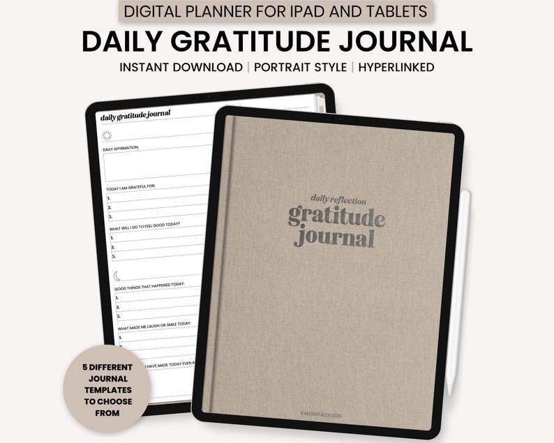 Puede incluir: Un planificador digital para iPad y tabletas con una plantilla de diario de gratitud diaria. La plantilla presenta un fondo beige con el texto "daily reflection gratitude journal" en negro. El planificador est&aacute; dise&ntilde;ado para descarga instant&aacute;nea y es de estilo retrato e hipervinculado.