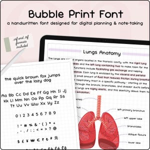 May include: Digital font titled "Bubble Print Font" with a handwritten style, designed for digital planning and note-taking. Includes uppercase and lowercase letters, numbers, and symbols. The image also shows a diagram of the lungs.