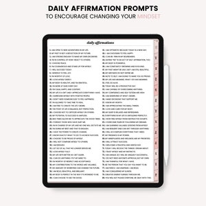 May include: A pink and white digital planner with a list of daily affirmations to encourage changing your mindset. The affirmations are written in black text on a white background.